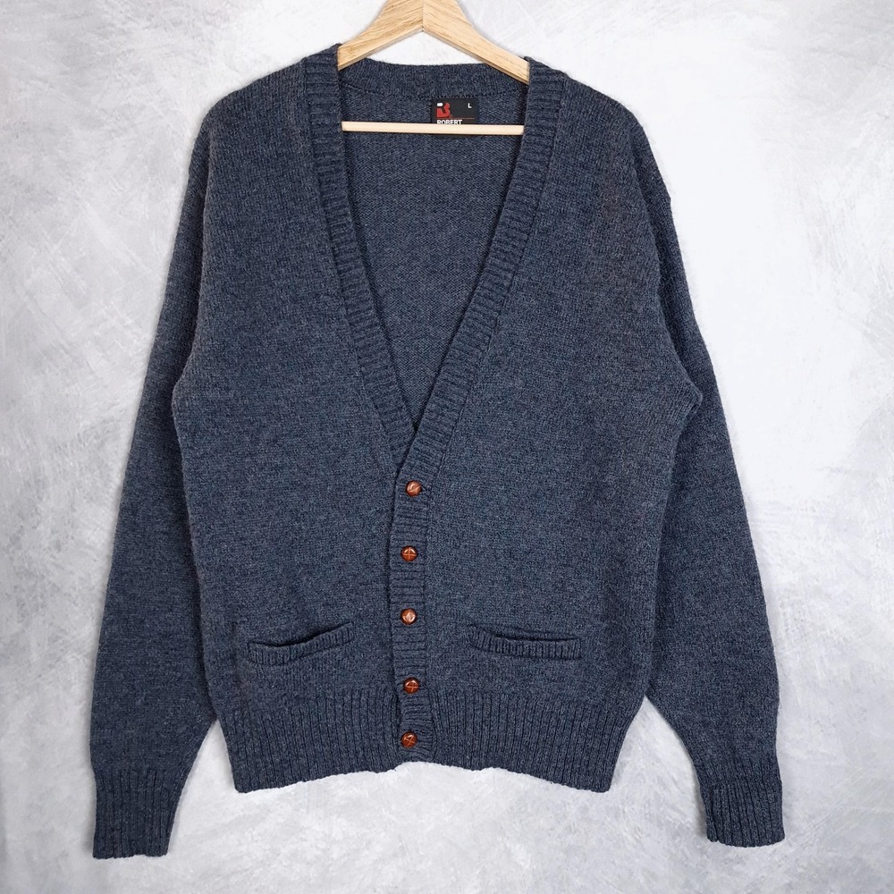 Vintage Robert Bruce Sweater Mens Large Blue Gray Wool Cardigan Made USA 80s